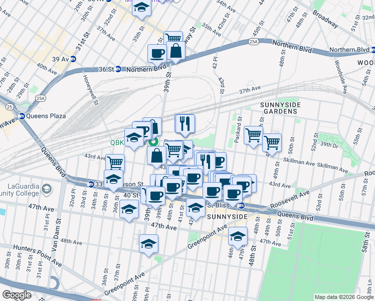 map of restaurants, bars, coffee shops, grocery stores, and more near 40-05 Skillman Avenue in Queens