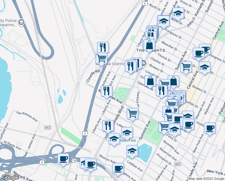 map of restaurants, bars, coffee shops, grocery stores, and more near 40 County Road 649 in Jersey City