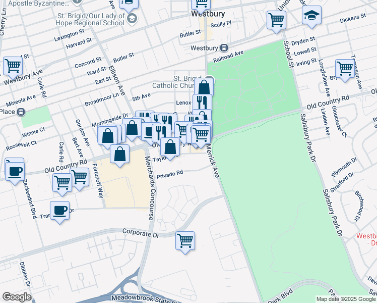 map of restaurants, bars, coffee shops, grocery stores, and more near 41 Old Country Road in Westbury