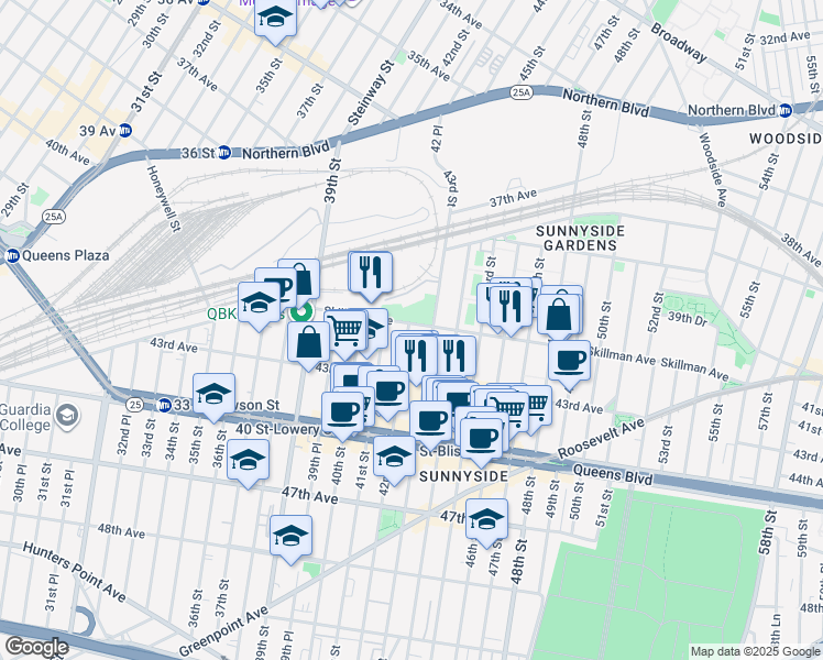 map of restaurants, bars, coffee shops, grocery stores, and more near 42-12 Skillman Avenue in Queens