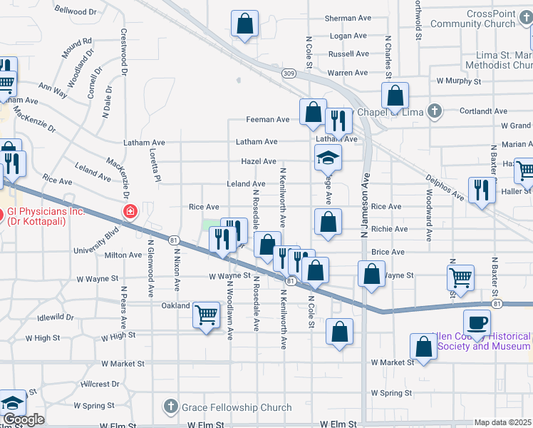 map of restaurants, bars, coffee shops, grocery stores, and more near 1309 Rice Avenue in Lima