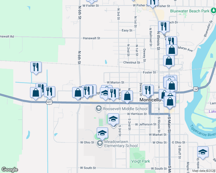 map of restaurants, bars, coffee shops, grocery stores, and more near 301-355 North 4th Street in Monticello