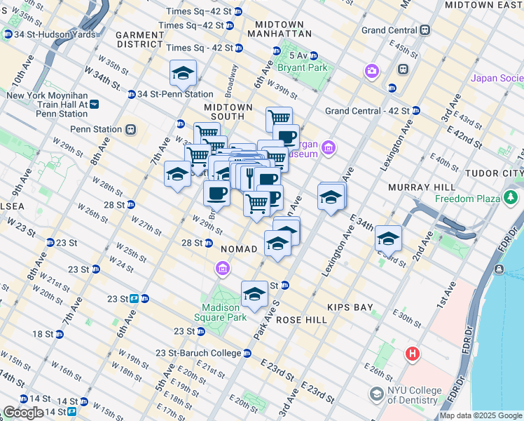 map of restaurants, bars, coffee shops, grocery stores, and more near 5 West 32nd Street in New York