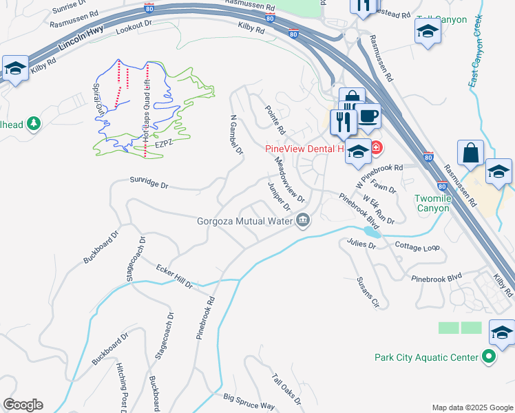 map of restaurants, bars, coffee shops, grocery stores, and more near 7970 Boothill Drive in Park City