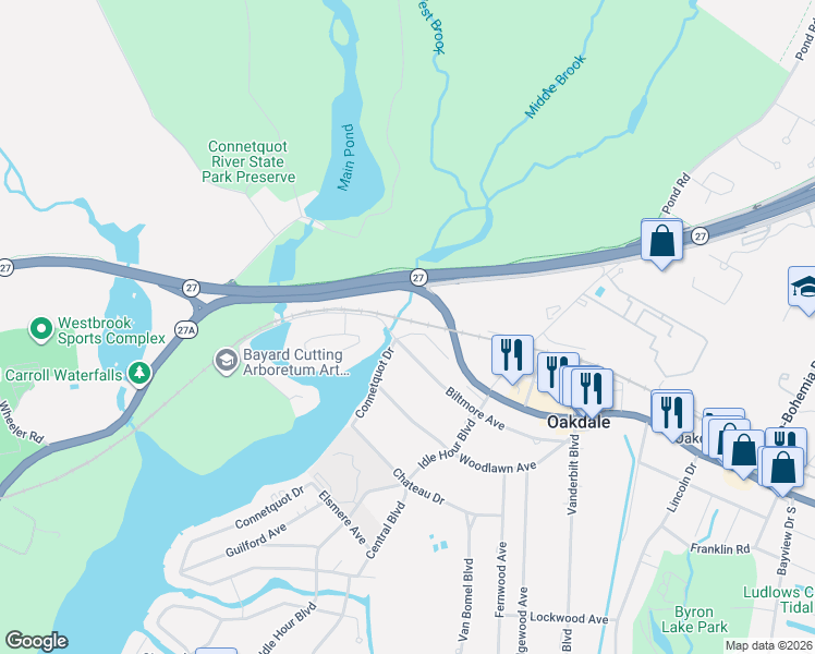 map of restaurants, bars, coffee shops, grocery stores, and more near 45 Biltmore Avenue in Oakdale