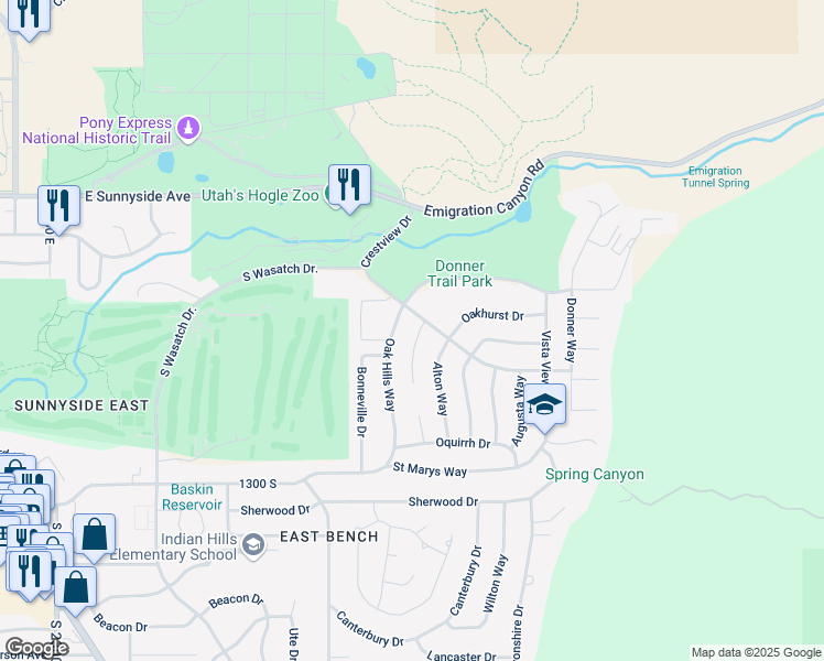 map of restaurants, bars, coffee shops, grocery stores, and more near 990 Oak Hills Way in Salt Lake City