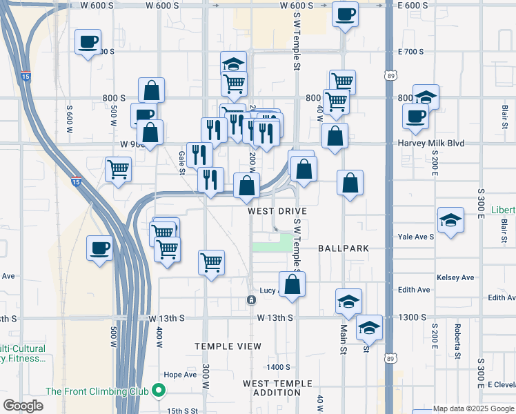 map of restaurants, bars, coffee shops, grocery stores, and more near in Salt Lake City