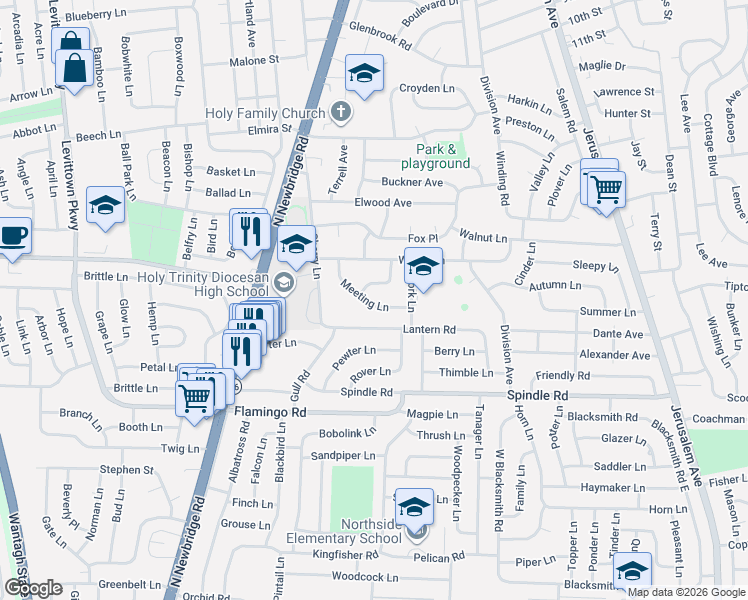 map of restaurants, bars, coffee shops, grocery stores, and more near 10 Barrel Lane in Hicksville