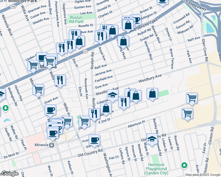 map of restaurants, bars, coffee shops, grocery stores, and more near 62 Dow Avenue in Mineola