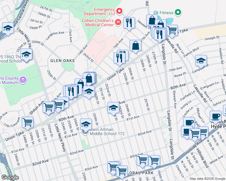 map of restaurants, bars, coffee shops, grocery stores, and more near 78-42 264th Street in Queens