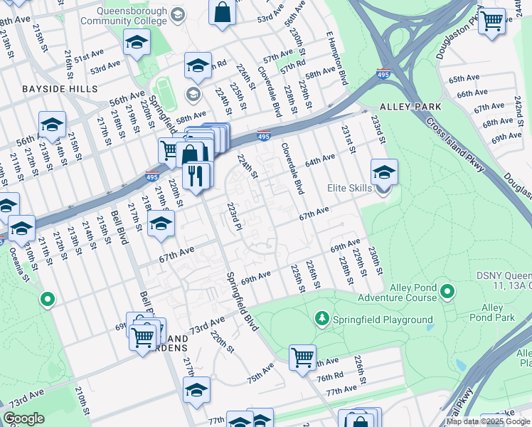 map of restaurants, bars, coffee shops, grocery stores, and more near 64-39 224 Street in Queens