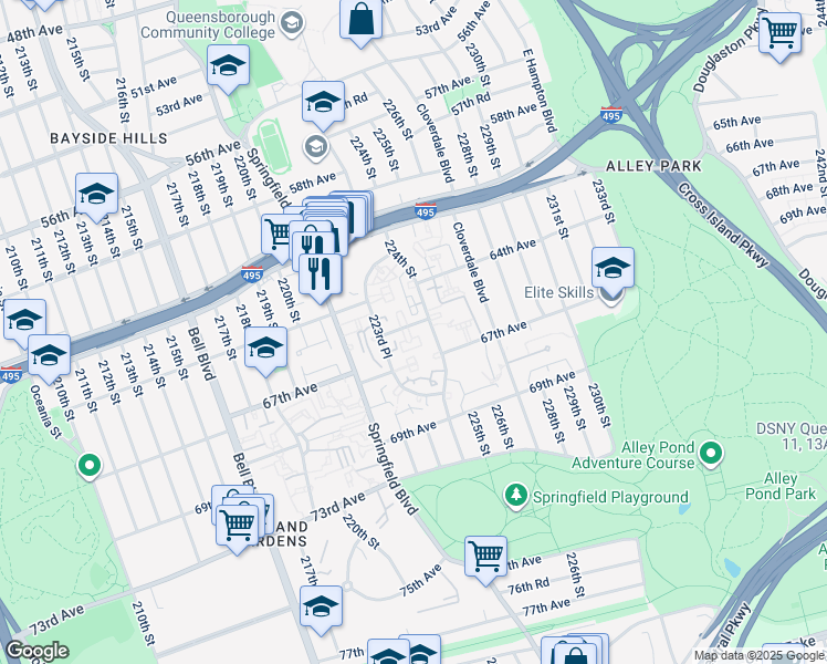 map of restaurants, bars, coffee shops, grocery stores, and more near 64-39 224 Street in Queens