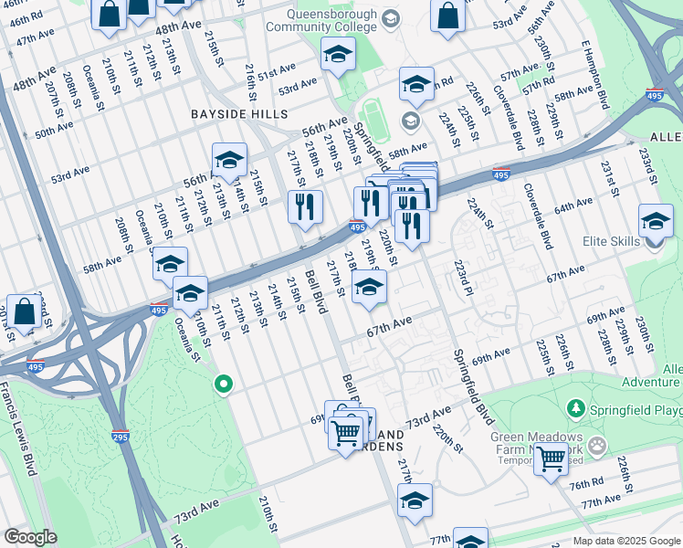 map of restaurants, bars, coffee shops, grocery stores, and more near 61-10 218th Street in Queens