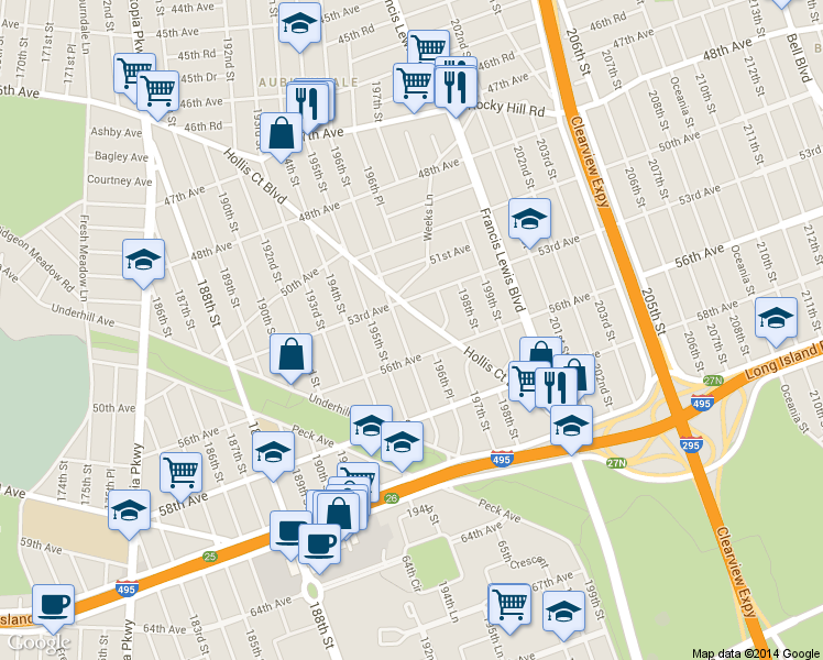 map of restaurants, bars, coffee shops, grocery stores, and more near 53-05 Hollis Court Boulevard in Queens