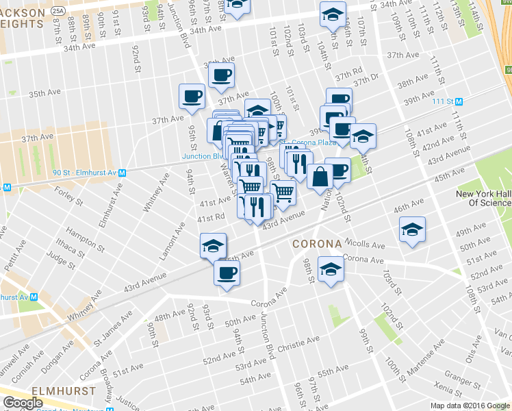 map of restaurants, bars, coffee shops, grocery stores, and more near 40-6 97th Street in Queens
