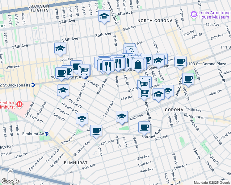 map of restaurants, bars, coffee shops, grocery stores, and more near 94-2 40th Drive in Queens