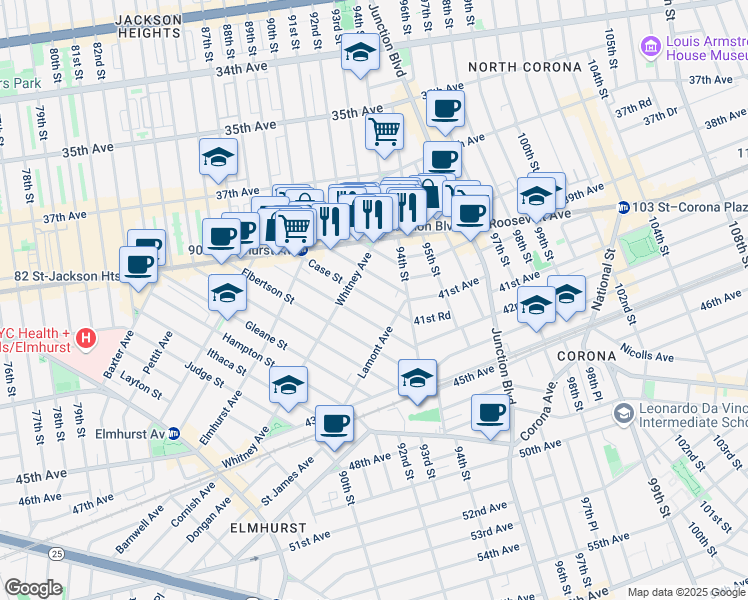 map of restaurants, bars, coffee shops, grocery stores, and more near in Queens