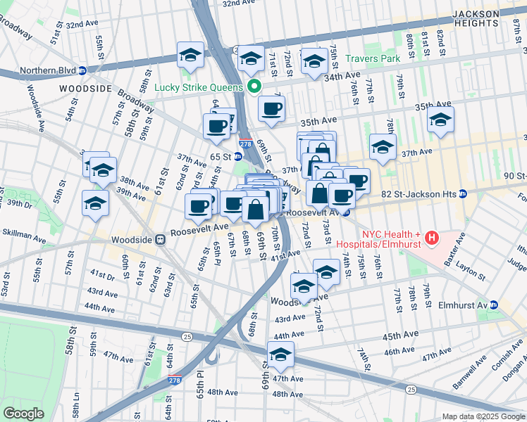 map of restaurants, bars, coffee shops, grocery stores, and more near in Queens