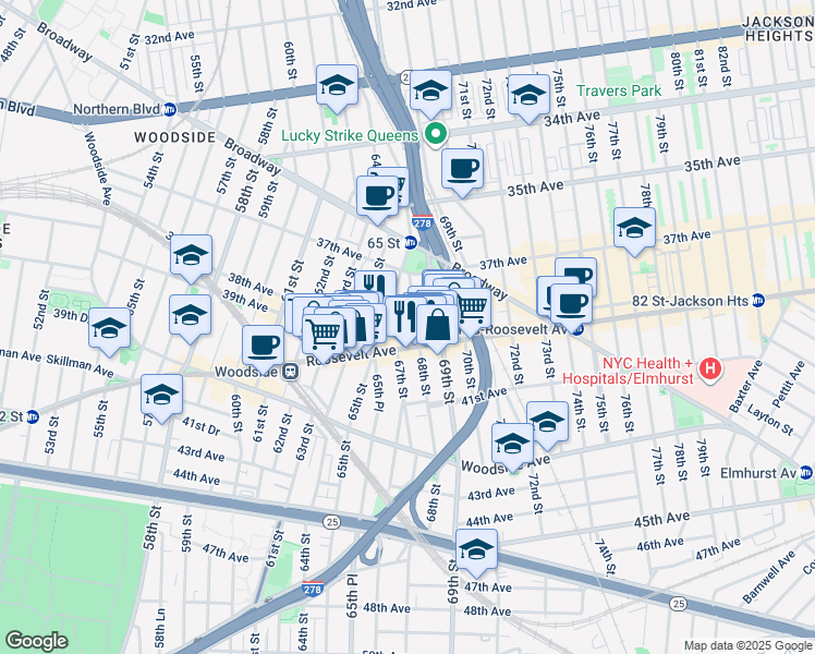 map of restaurants, bars, coffee shops, grocery stores, and more near 68-2 37th Road in Queens