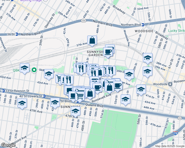 map of restaurants, bars, coffee shops, grocery stores, and more near 39-95 48th Street in Queens