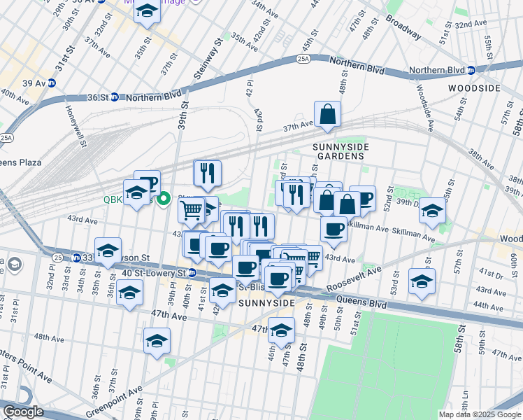 map of restaurants, bars, coffee shops, grocery stores, and more near 40-16 Locust Street in Queens