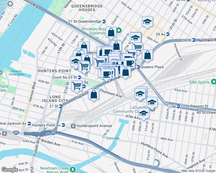 map of restaurants, bars, coffee shops, grocery stores, and more near 26-36 Jackson Avenue in Queens