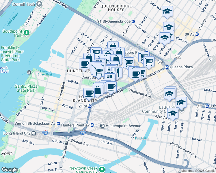 map of restaurants, bars, coffee shops, grocery stores, and more near 21-51 44th Drive in Queens