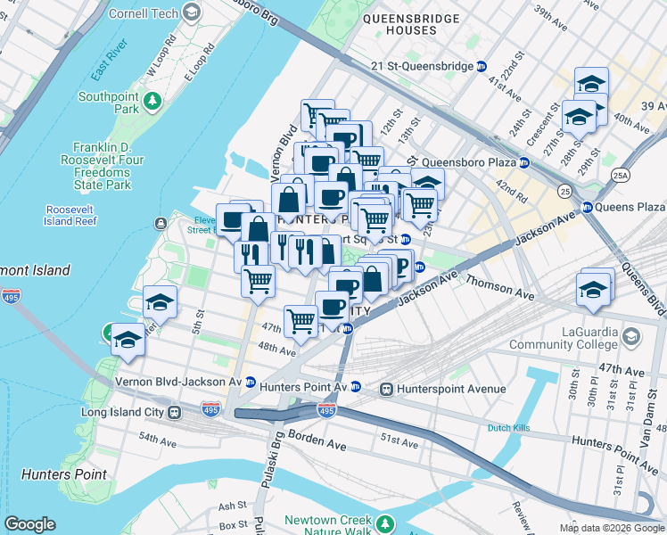 map of restaurants, bars, coffee shops, grocery stores, and more near 45-10 11th Street in Queens