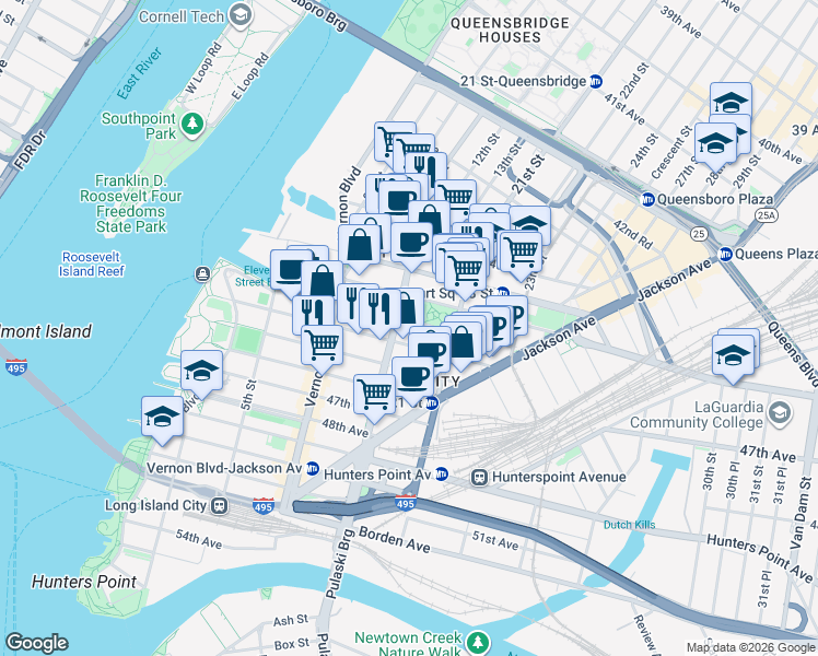 map of restaurants, bars, coffee shops, grocery stores, and more near 45-10 11th Street in Queens