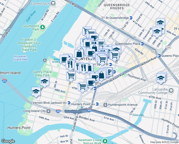 map of restaurants, bars, coffee shops, grocery stores, and more near 45-10 11th Street in Queens