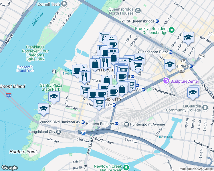 map of restaurants, bars, coffee shops, grocery stores, and more near 45-10 11th Street in Queens
