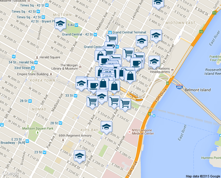 map of restaurants, bars, coffee shops, grocery stores, and more near 55456 3rd Avenue in New York