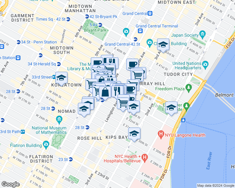 map of restaurants, bars, coffee shops, grocery stores, and more near 114 East 35th Street in New York