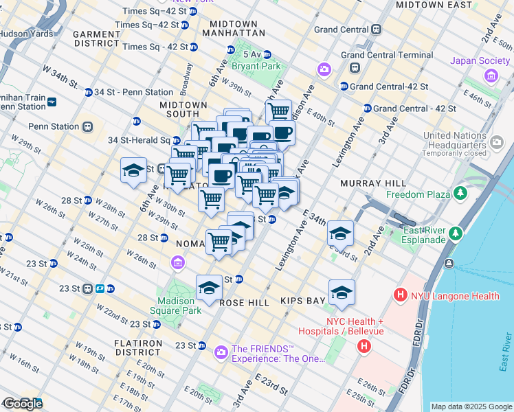 map of restaurants, bars, coffee shops, grocery stores, and more near 185 Madison Avenue in New York