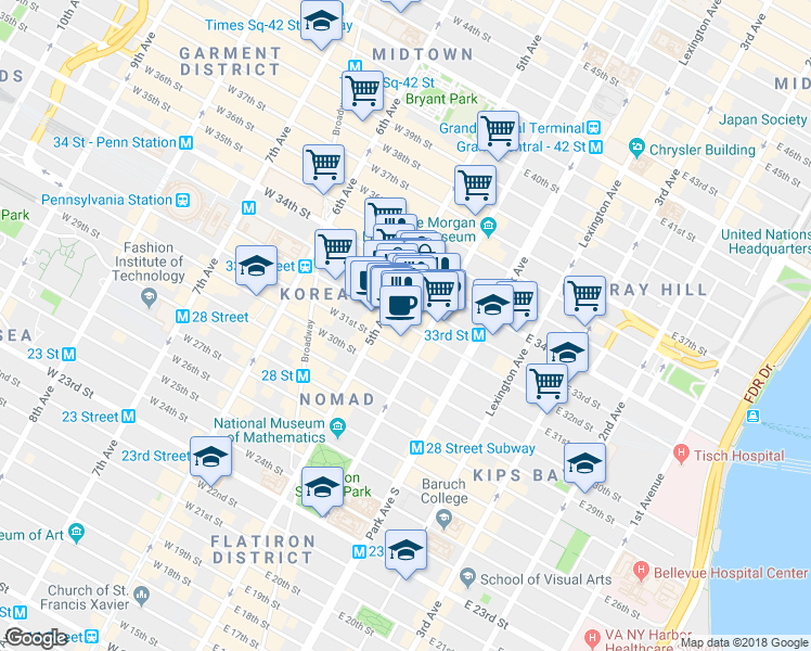 map of restaurants, bars, coffee shops, grocery stores, and more near 10E East 33rd Street in New York