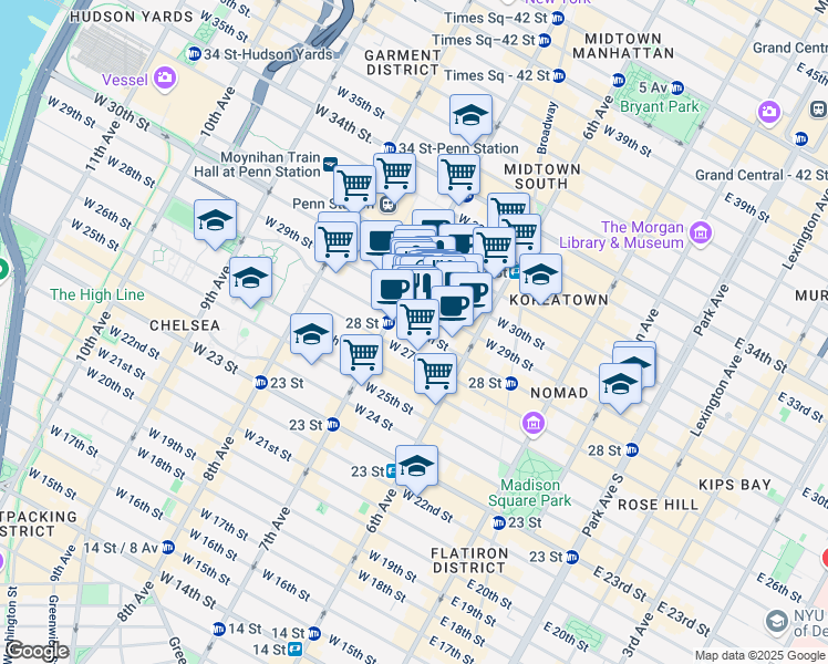 map of restaurants, bars, coffee shops, grocery stores, and more near 145 West 28th Street in New York