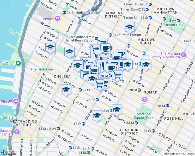 map of restaurants, bars, coffee shops, grocery stores, and more near 235 West 28th Street in New York
