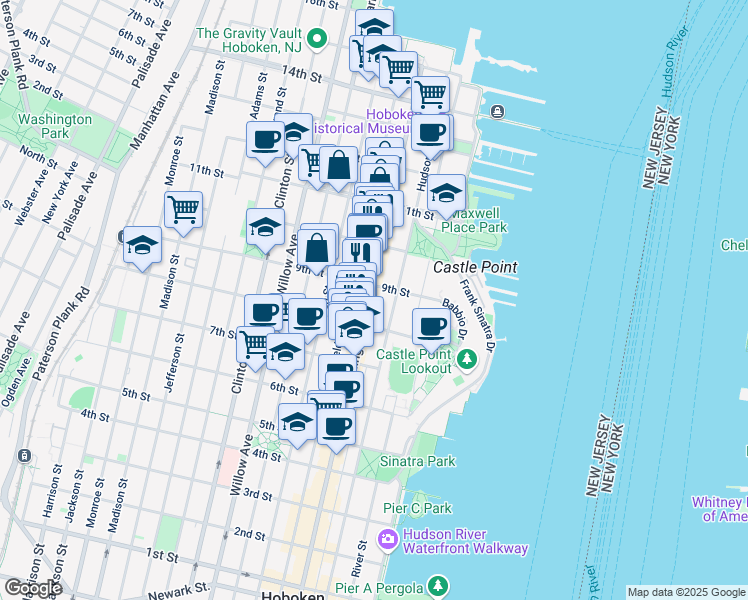 map of restaurants, bars, coffee shops, grocery stores, and more near 902 Washington Street in Hoboken