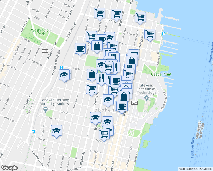map of restaurants, bars, coffee shops, grocery stores, and more near 836 Park Avenue in Hoboken