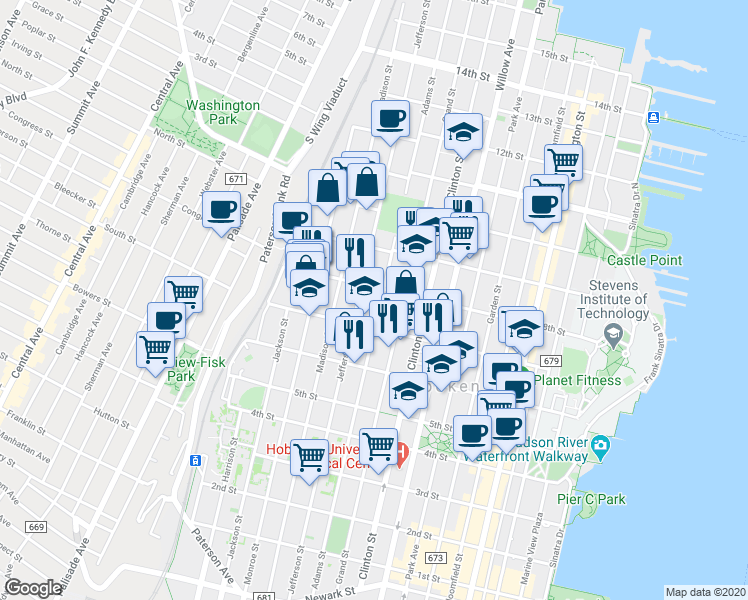 map of restaurants, bars, coffee shops, grocery stores, and more near 480 8th Street in Hoboken