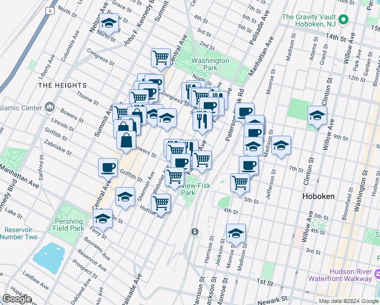 map of restaurants, bars, coffee shops, grocery stores, and more near 338 New York Avenue in Jersey City