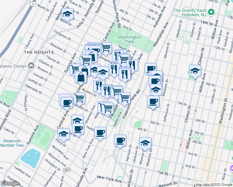 map of restaurants, bars, coffee shops, grocery stores, and more near 338 New York Avenue in Jersey City