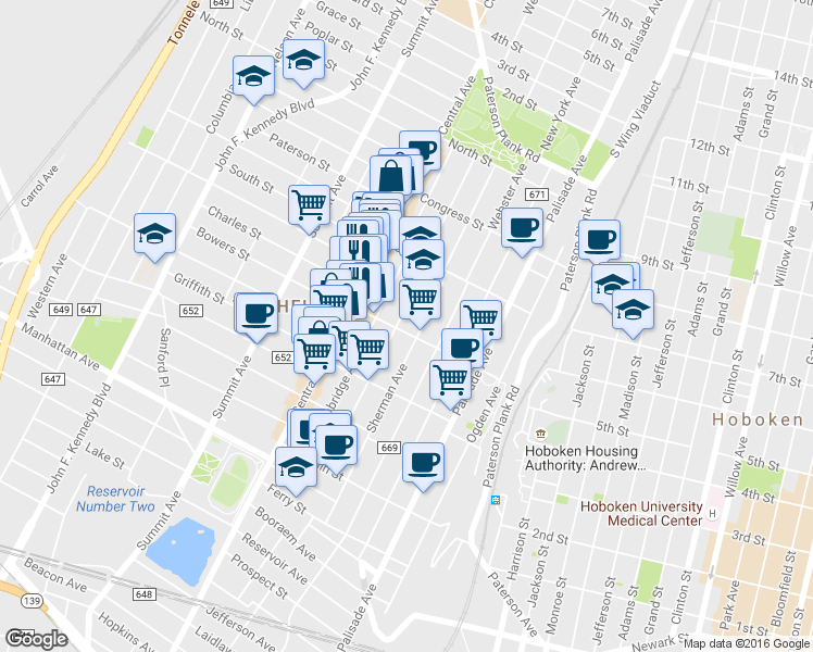 map of restaurants, bars, coffee shops, grocery stores, and more near 146 Hancock Avenue in Jersey City