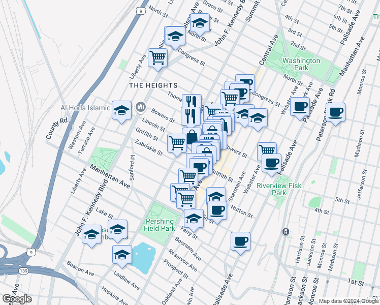 map of restaurants, bars, coffee shops, grocery stores, and more near in Jersey City