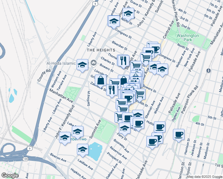 map of restaurants, bars, coffee shops, grocery stores, and more near 65 Lincoln Street in Jersey City