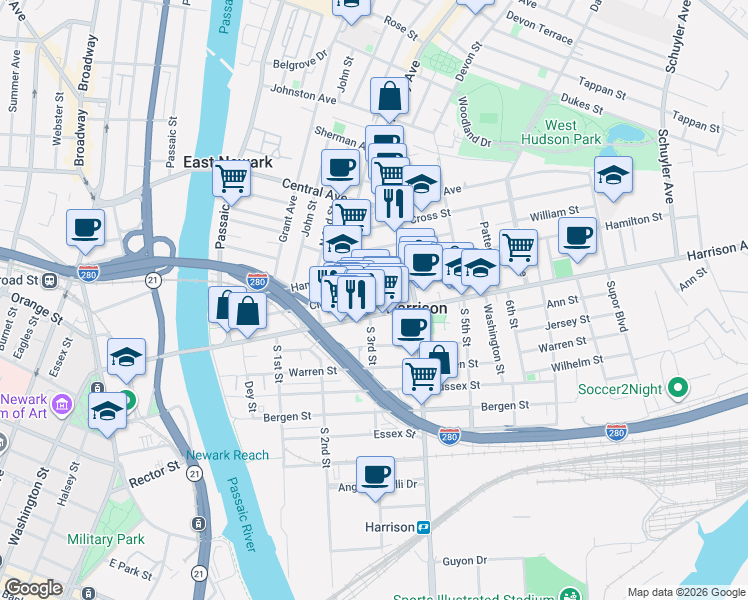map of restaurants, bars, coffee shops, grocery stores, and more near 241 Hamilton Street in Harrison