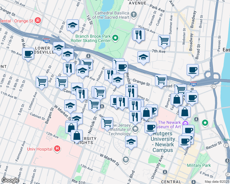 map of restaurants, bars, coffee shops, grocery stores, and more near 35 Newark Street in Newark