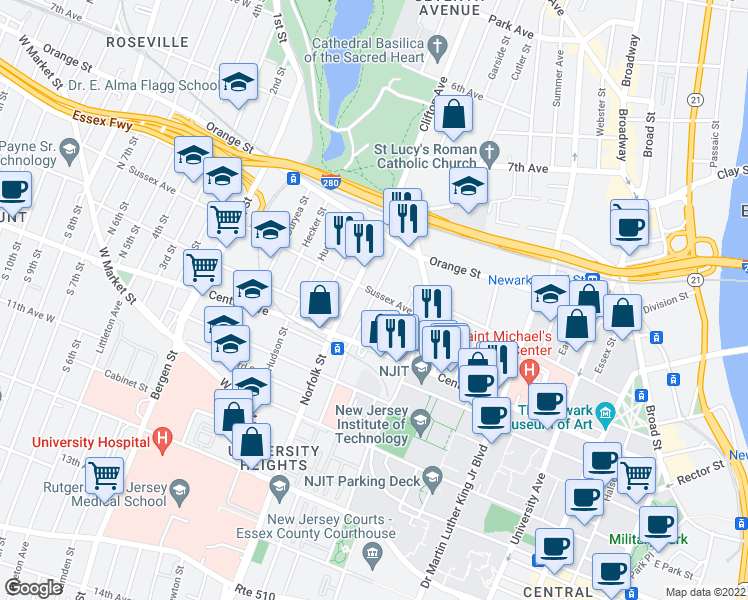 map of restaurants, bars, coffee shops, grocery stores, and more near 35 Newark Street in Newark