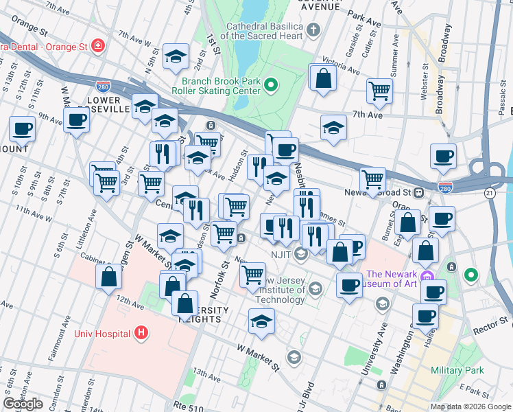 map of restaurants, bars, coffee shops, grocery stores, and more near 169 Sussex Avenue in Newark