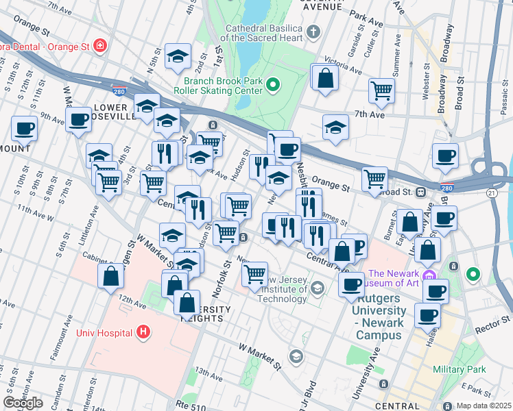 map of restaurants, bars, coffee shops, grocery stores, and more near 169 Sussex Avenue in Newark